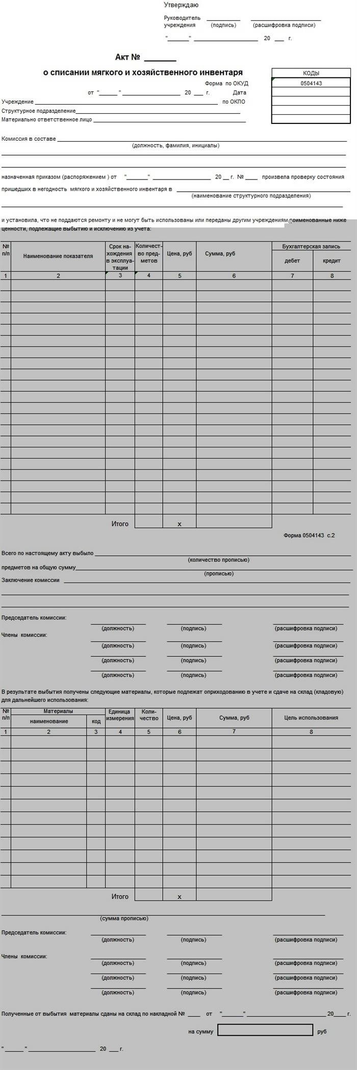 акт на списание мебели образец