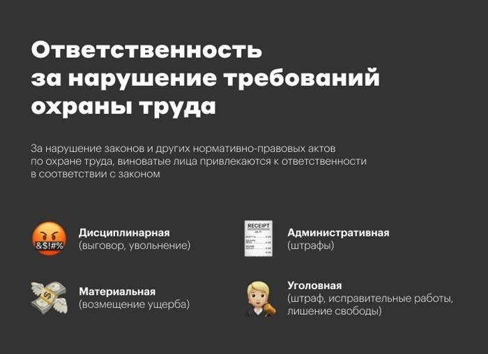 Ответственность по ОТ регламентируется следующими нормативными актами: